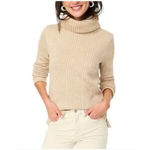 J. Crew Houndstooth Tan Cream Plaid Fleece Funnelneck Pullover Sweater Tan Small